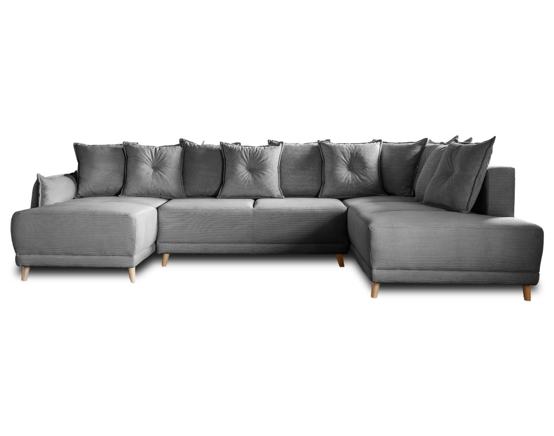 Canapé panoramique d'angle droit 7 places convertible avec coffre en velours côtelé Lena