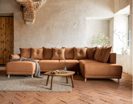 Canapé panoramique d'angle droit 7 places convertible avec coffre en velours côtelé Lena