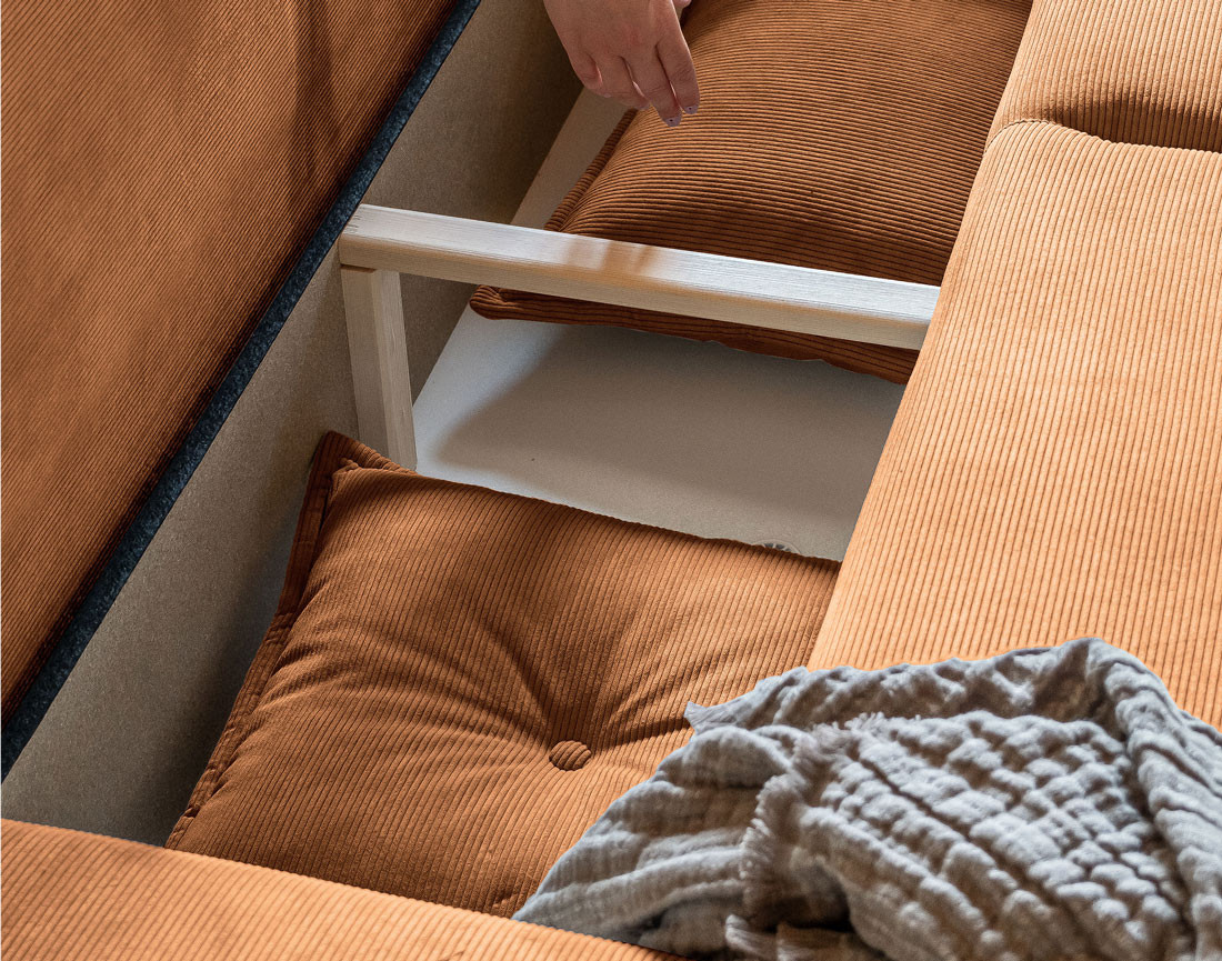 Canapé panoramique d'angle droit 7 places convertible avec coffre en velours côtelé Lena