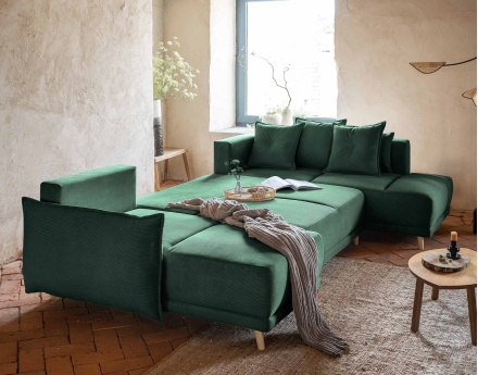 Canapé panoramique d'angle droit 7 places convertible avec coffre en velours côtelé Lena