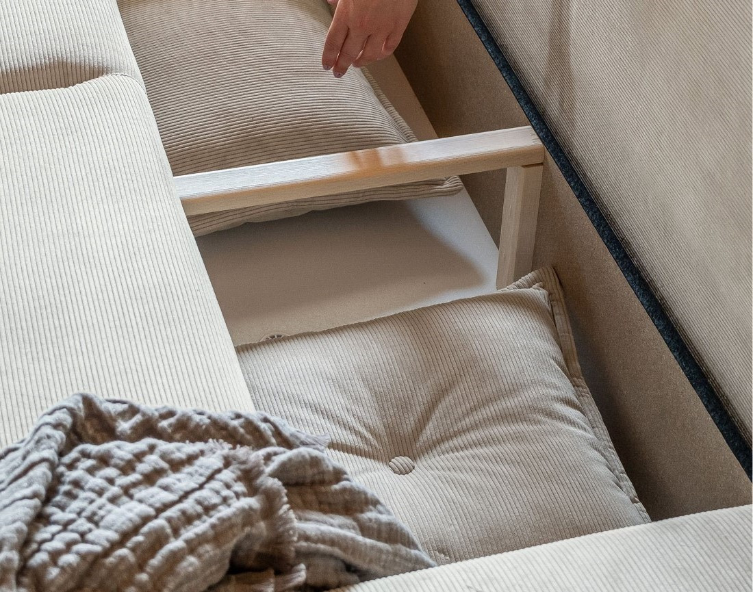 Canapé panoramique d'angle gauche 7 places convertible avec coffre en velours côtelé Lena