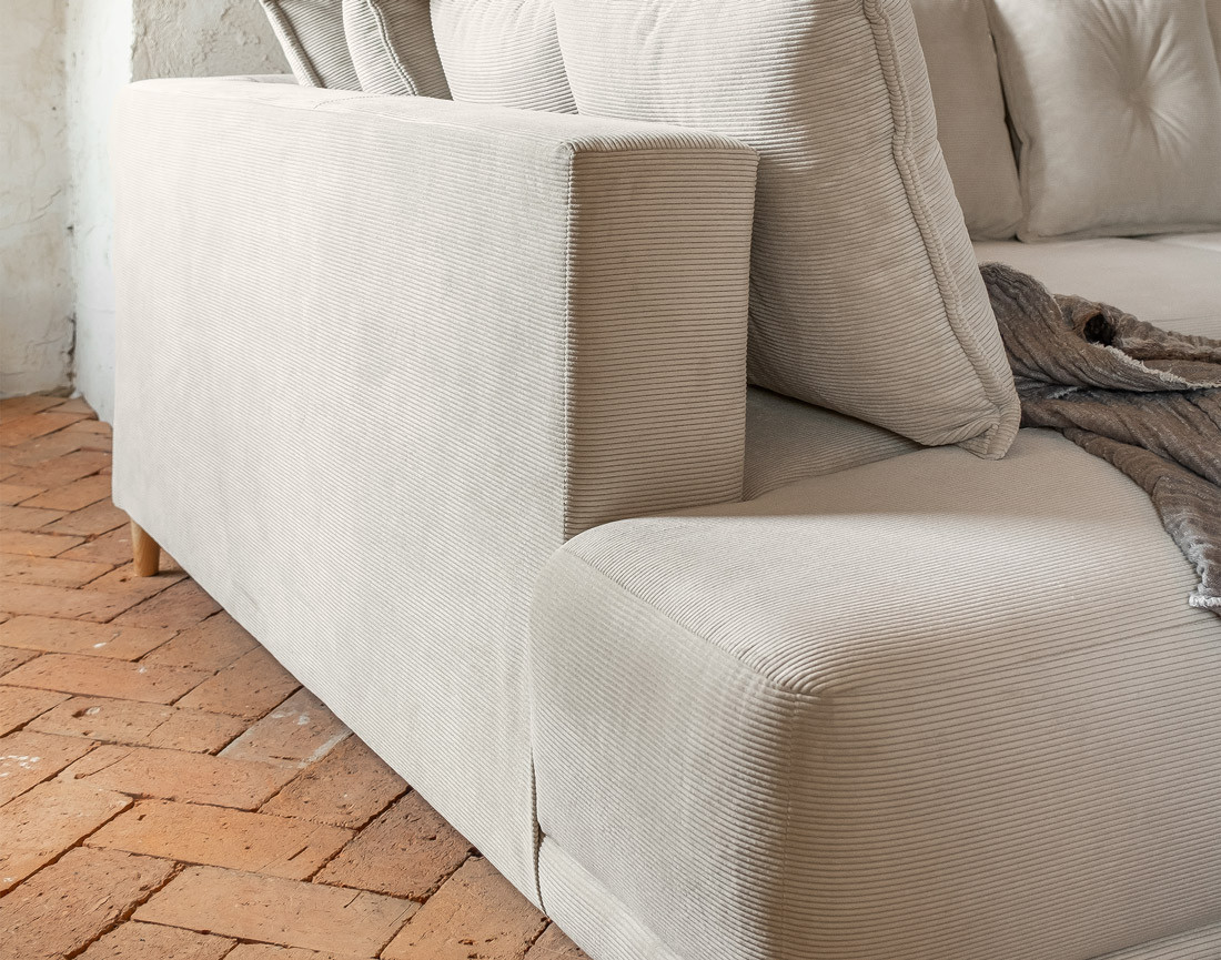 Canapé panoramique d'angle gauche 7 places convertible avec coffre en velours côtelé Lena