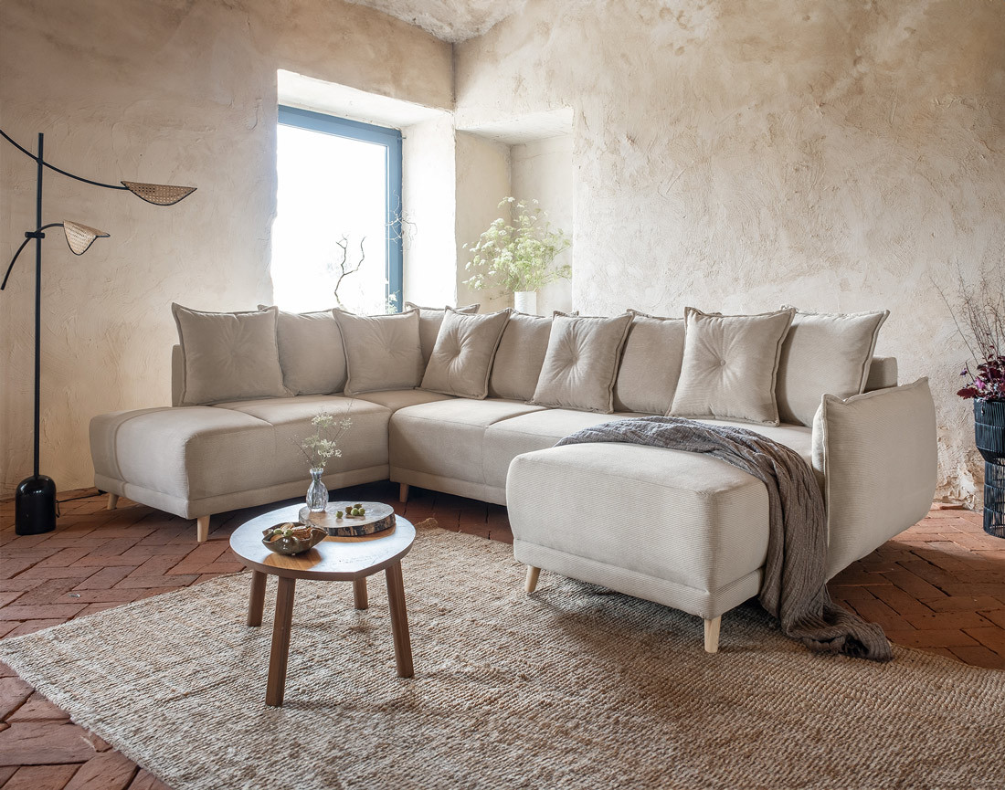 Canapé panoramique d'angle gauche 7 places convertible avec coffre en velours côtelé Lena