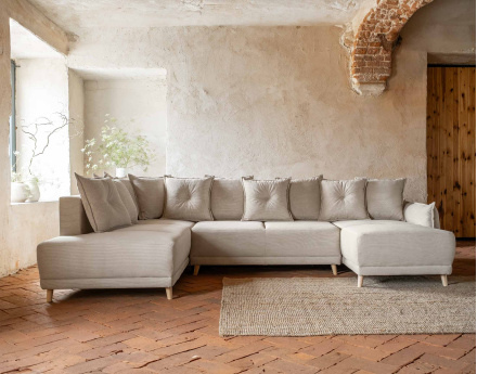 Canapé panoramique d'angle gauche 7 places convertible avec coffre en velours côtelé Lena