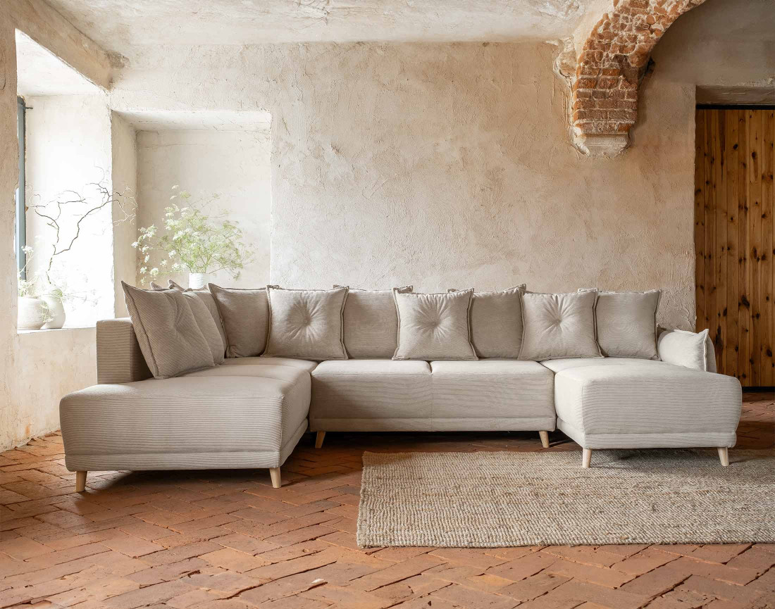 Canapé panoramique d'angle gauche 7 places convertible avec coffre en velours côtelé Lena