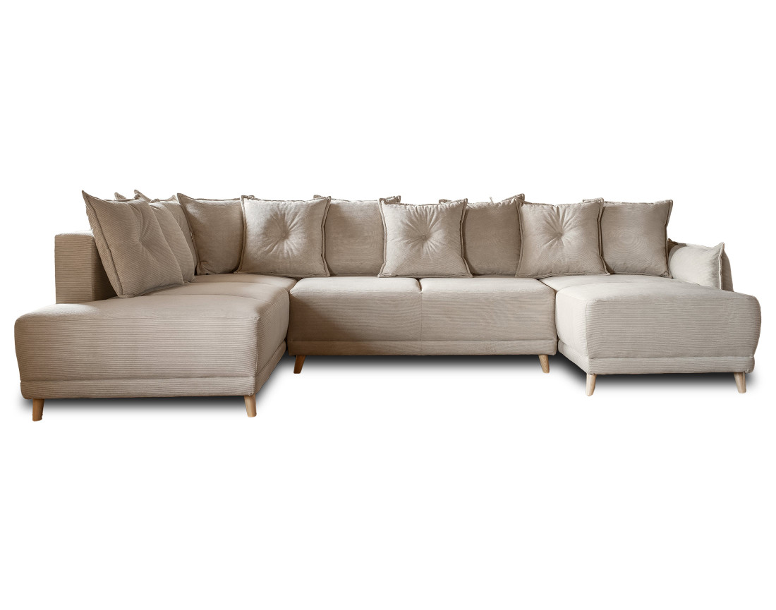 Canapé panoramique d'angle gauche 7 places convertible avec coffre en velours côtelé Lena