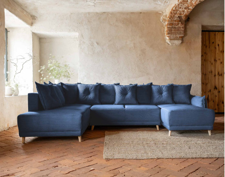 Canapé panoramique d'angle gauche 7 places convertible avec coffre en velours côtelé Lena