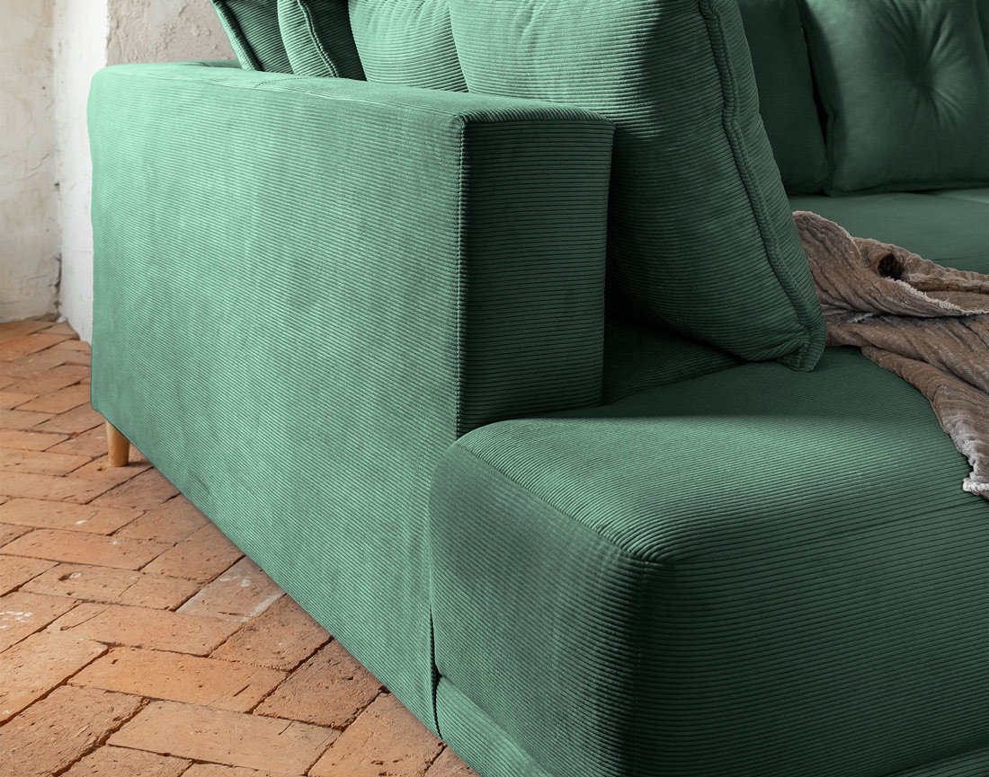 Canapé panoramique d'angle gauche 7 places convertible avec coffre en velours côtelé Lena