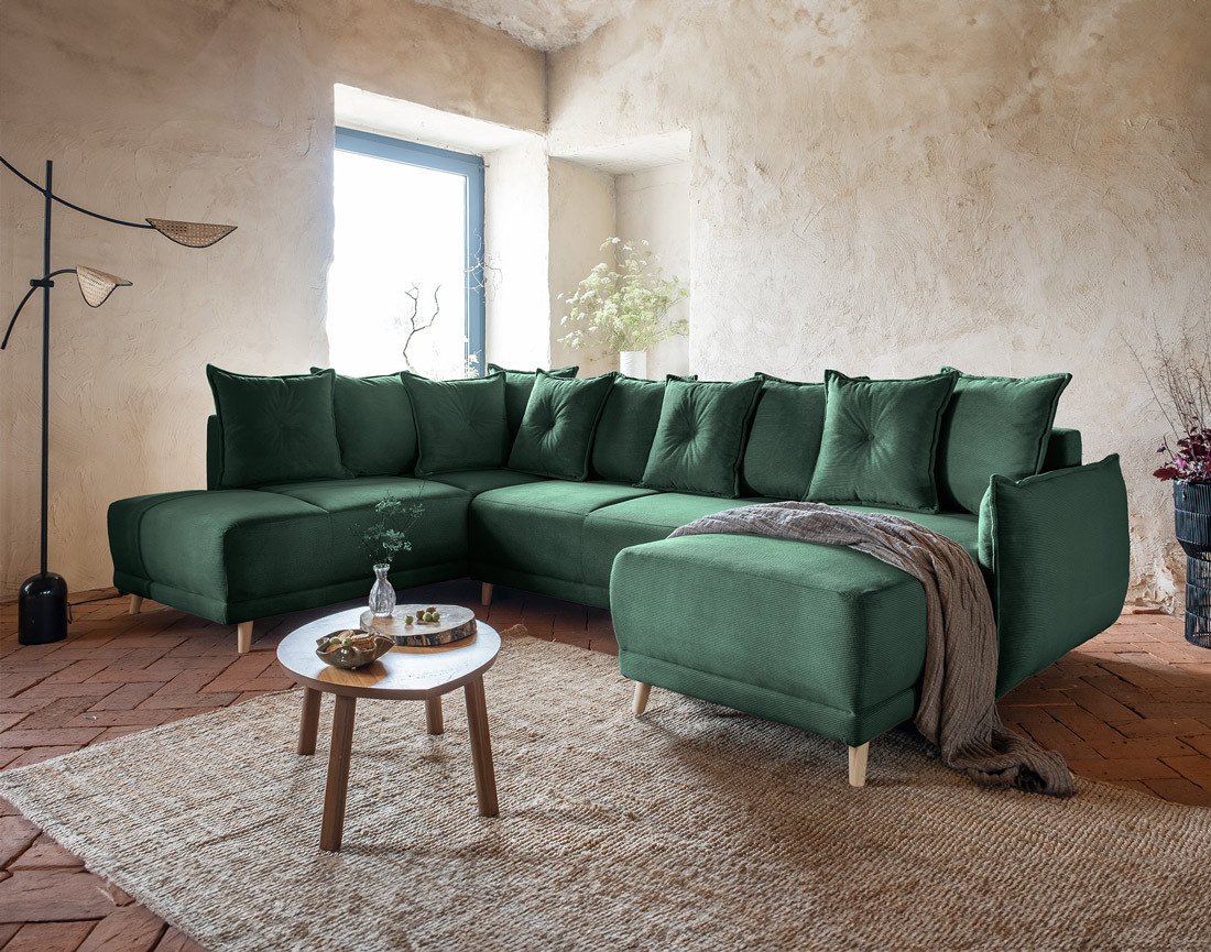 Canapé panoramique d'angle gauche 7 places convertible avec coffre en velours côtelé Lena