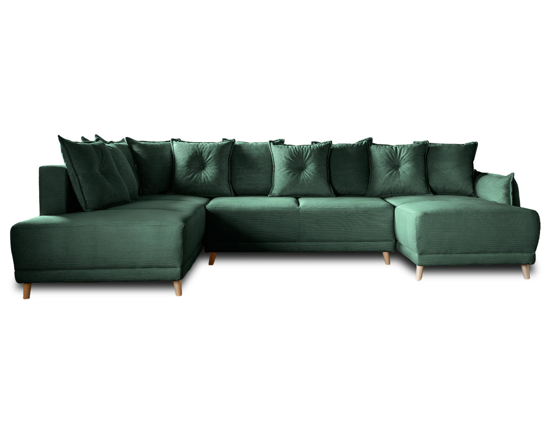 Canapé panoramique d'angle gauche 7 places convertible avec coffre en velours côtelé Lena