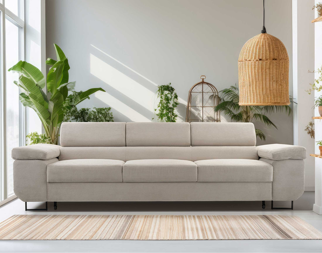 Canapé 3 places convertible avec têtières réglables en velours côtelé Pablo