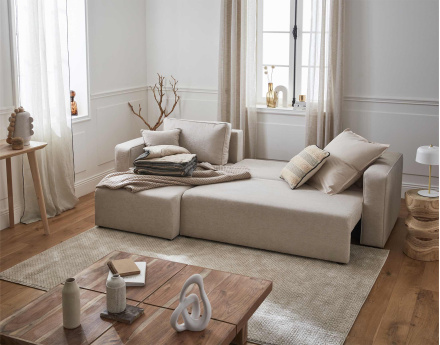 Canapé d'angle réversible 4 places convertible avec coffre en tissu Topaze