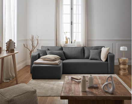 Canapé d'angle réversible 4 places convertible avec coffre en tissu Topaze