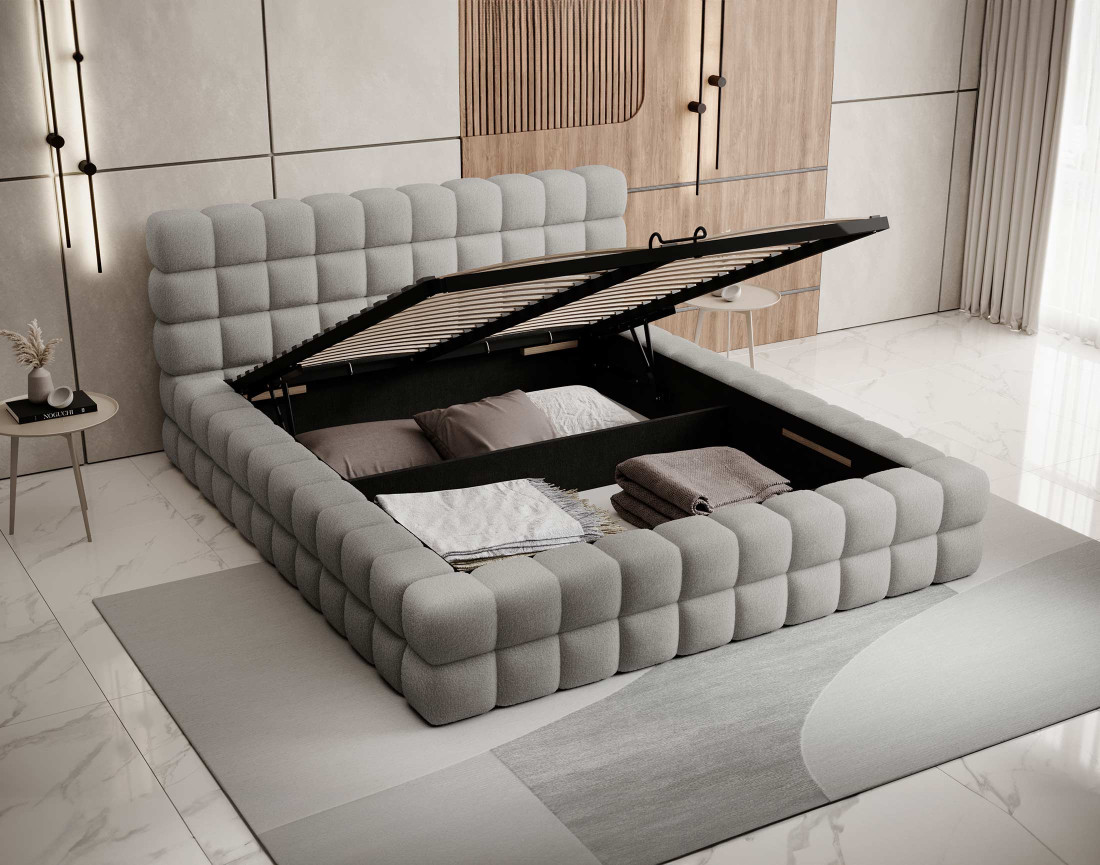 Lit coffre 160x200 cm sommier inclus en tissu bouclette Kingston