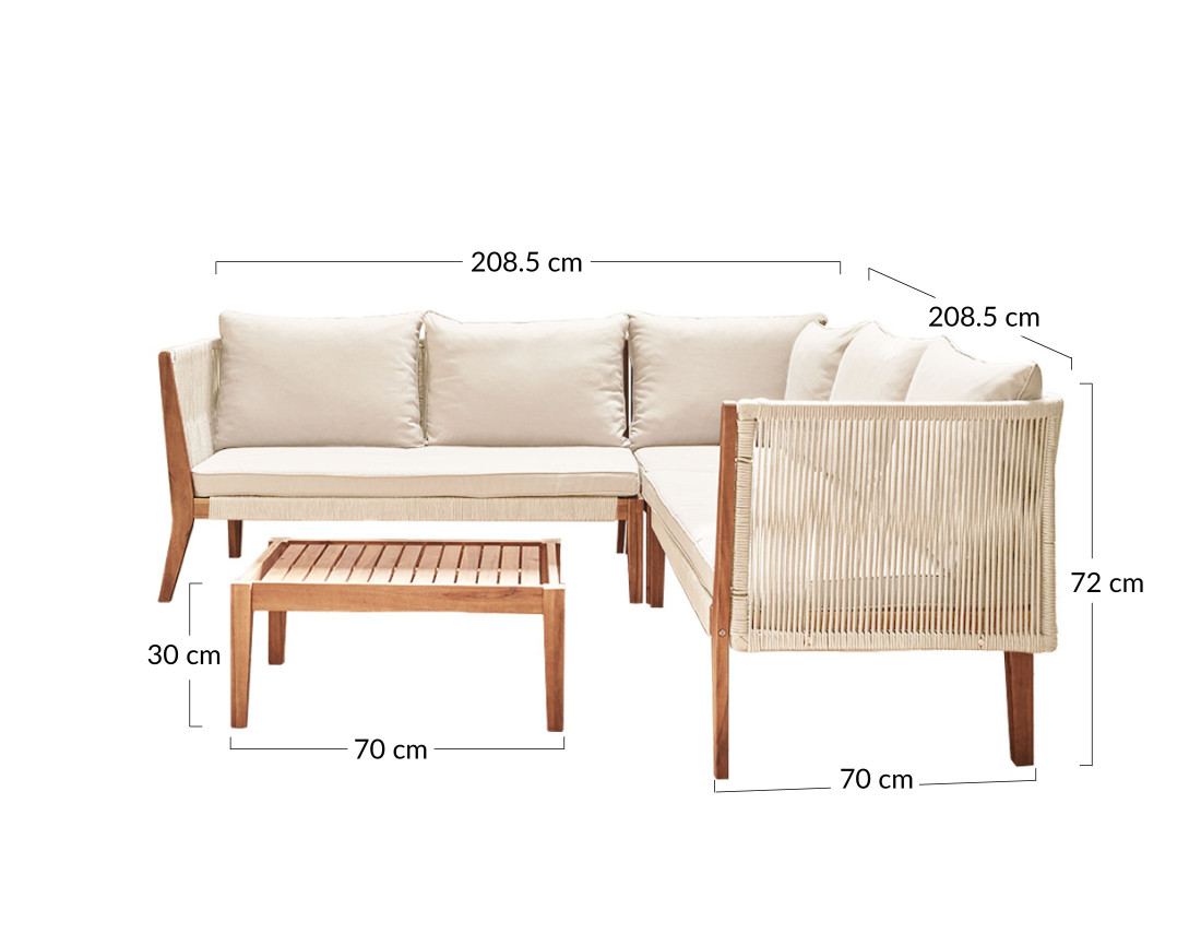 Salon bas de jardin 5 places en bois, corde et coussins beiges Papua