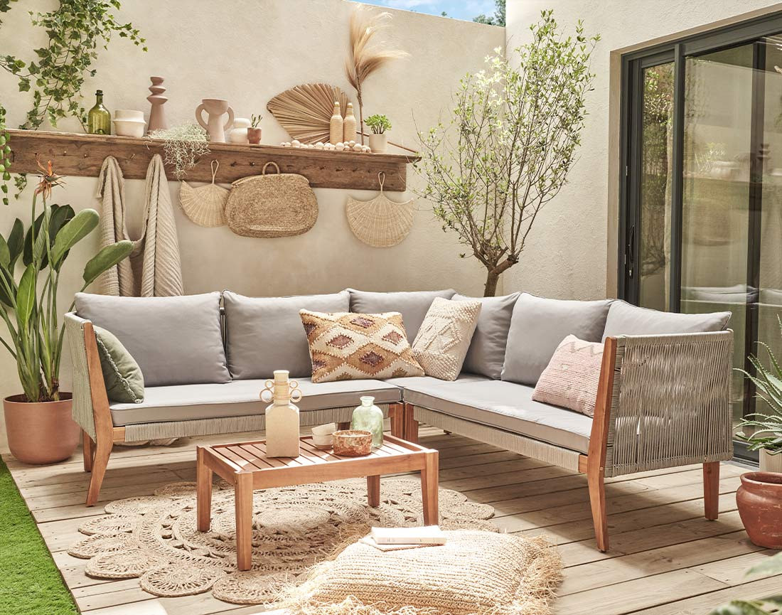 Salon bas de jardin 5 places en bois, corde et coussins gris Papua