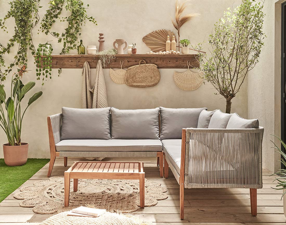 Salon bas de jardin 5 places en bois, corde et coussins gris Papua