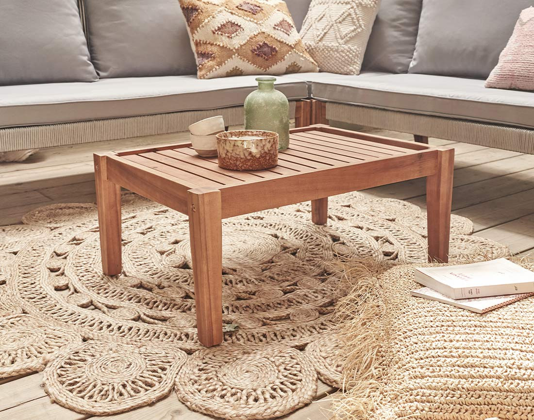 Salon bas de jardin 5 places en bois, corde et coussins gris Papua