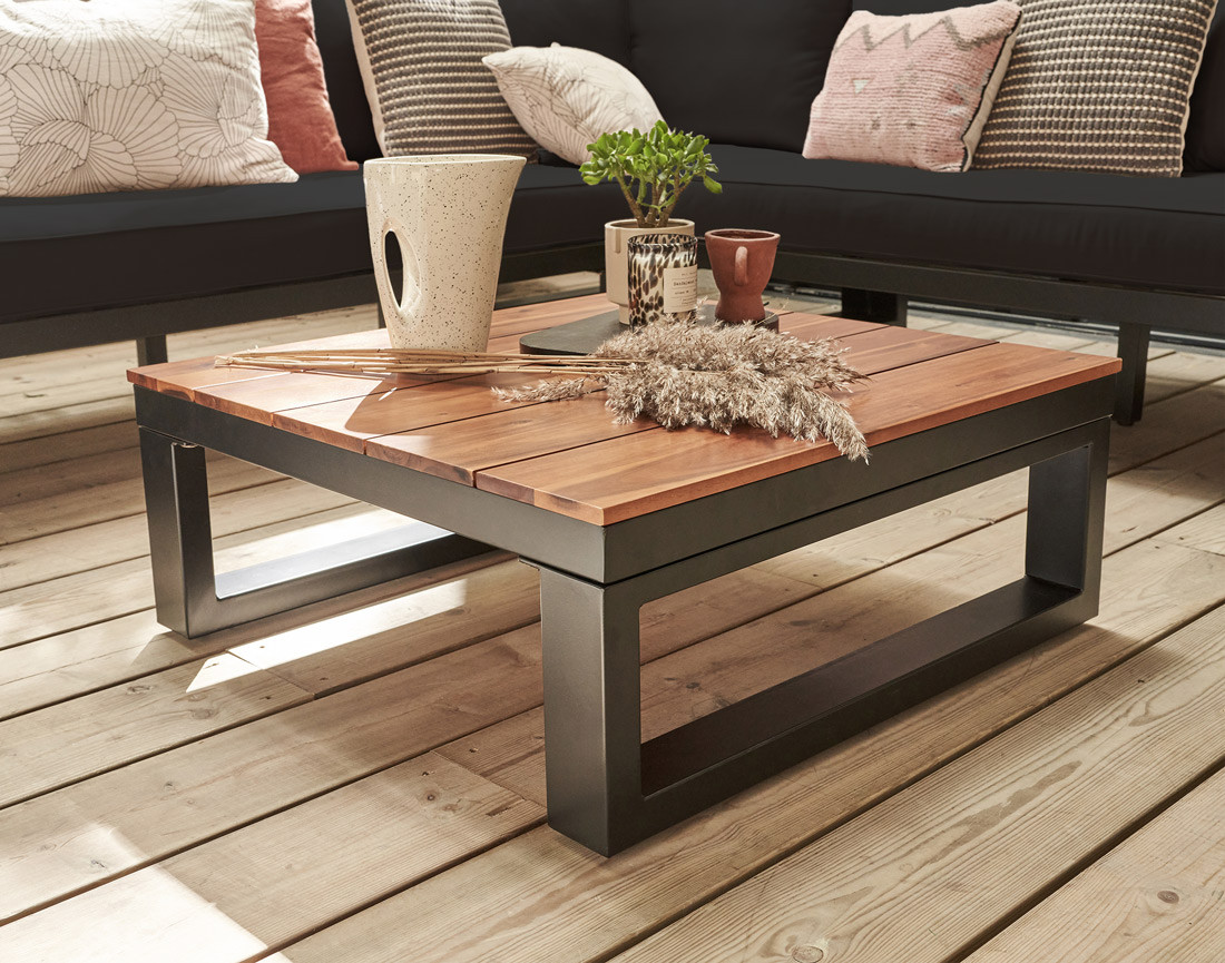 Salome - salon bas de jardin 5 places - en métal et bois - coussins noirs