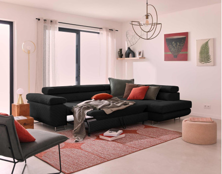 Canapé d'angle droit convertible avec coffre et têtières 5 places en velours côtelé Zaria