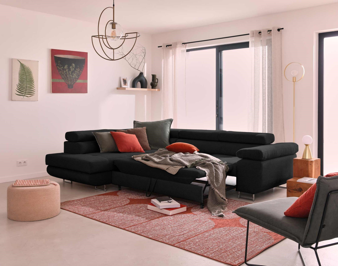 Canapé d'angle gauche convertible avec coffre et têtières 5 places en velours côtelé Zaria