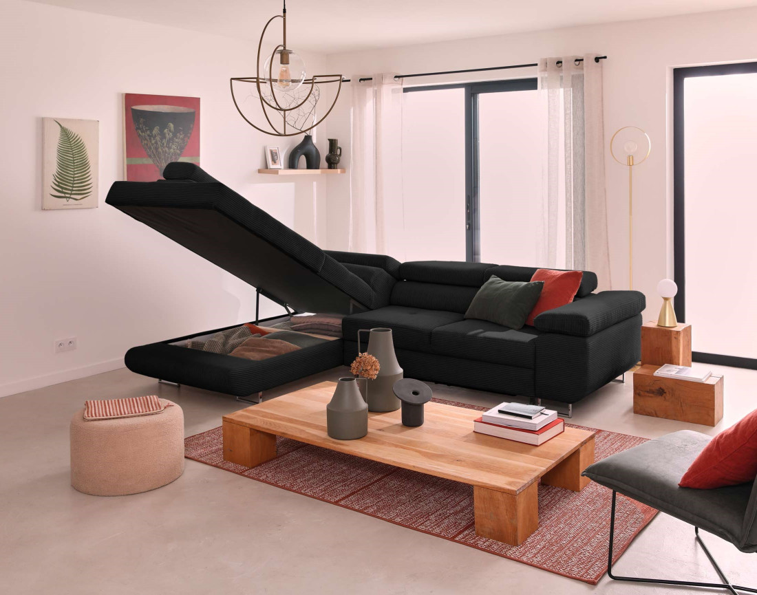 Canapé d'angle gauche convertible avec coffre et têtières 5 places en velours côtelé Zaria