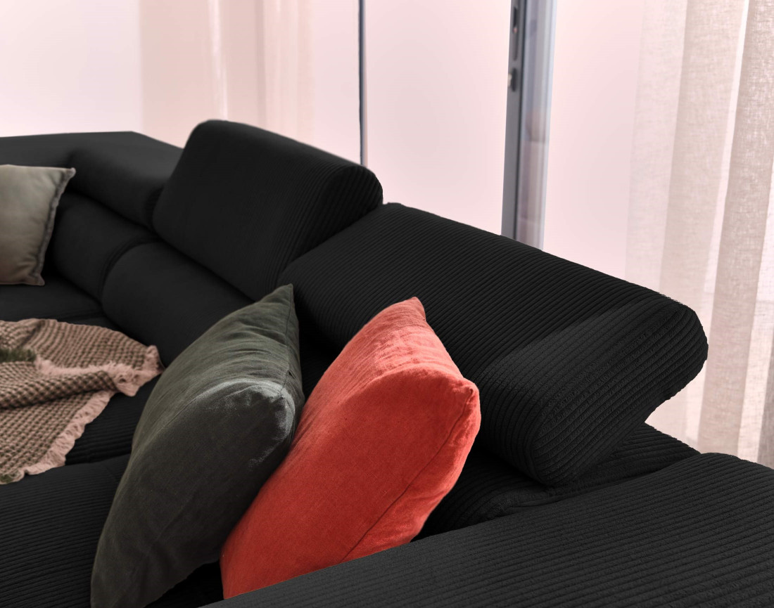 Canapé d'angle gauche convertible avec coffre et têtières 5 places en velours côtelé Zaria