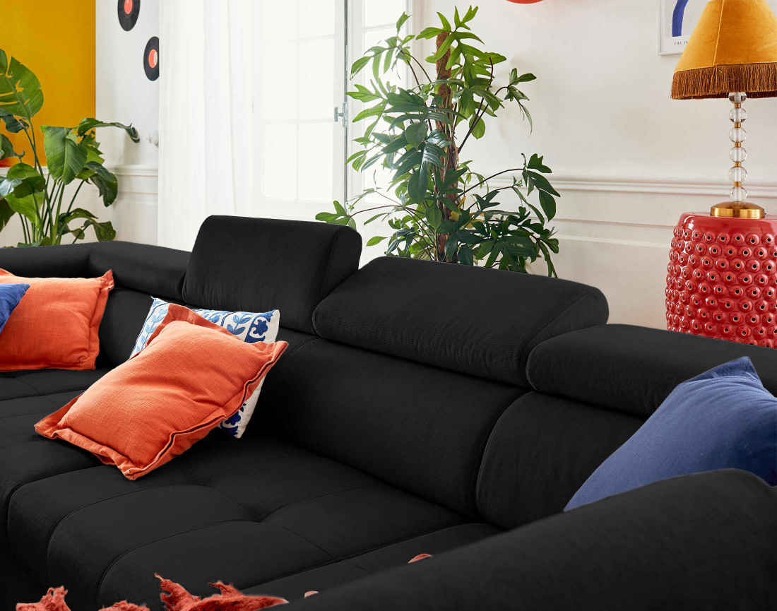 Canapé panoramique en U 7 places convertible avec coffres et têtières réglables en velours Merida