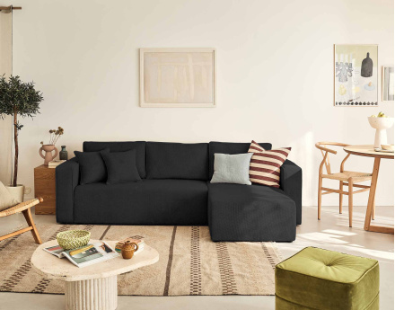 Canapé d'angle réversible 4 places convertible avec coffre en velours texturé Topaze