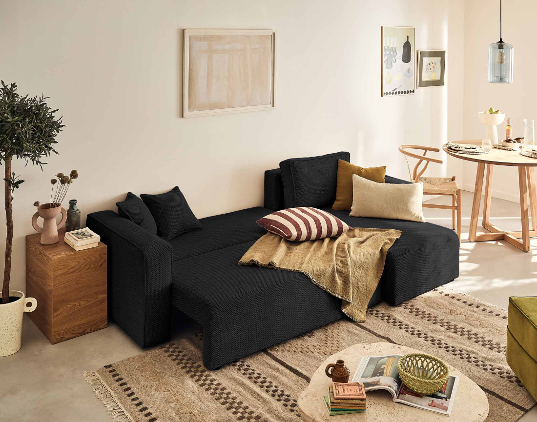 Canapé d'angle réversible 4 places convertible avec coffre en velours texturé Topaze