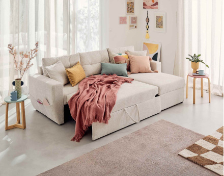 Canapé d'angle réversible 4 places convertible avec coffre en tissu texturé Astoria