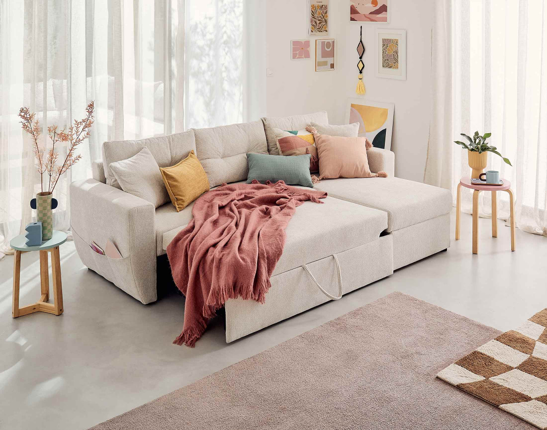 Canapé d'angle réversible 4 places convertible avec coffre en tissu texturé Astoria