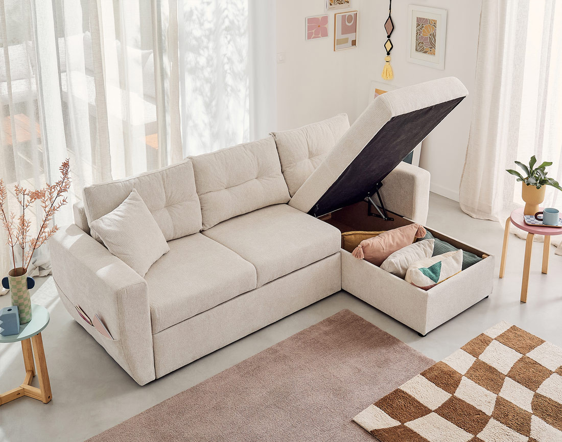 Canapé d'angle réversible 4 places convertible avec coffre en tissu texturé Astoria