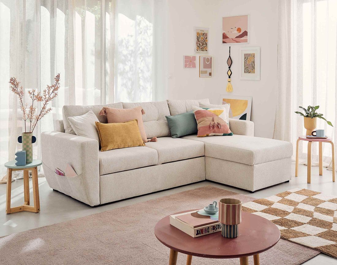 Canapé d'angle réversible 4 places convertible avec coffre en tissu texturé Astoria