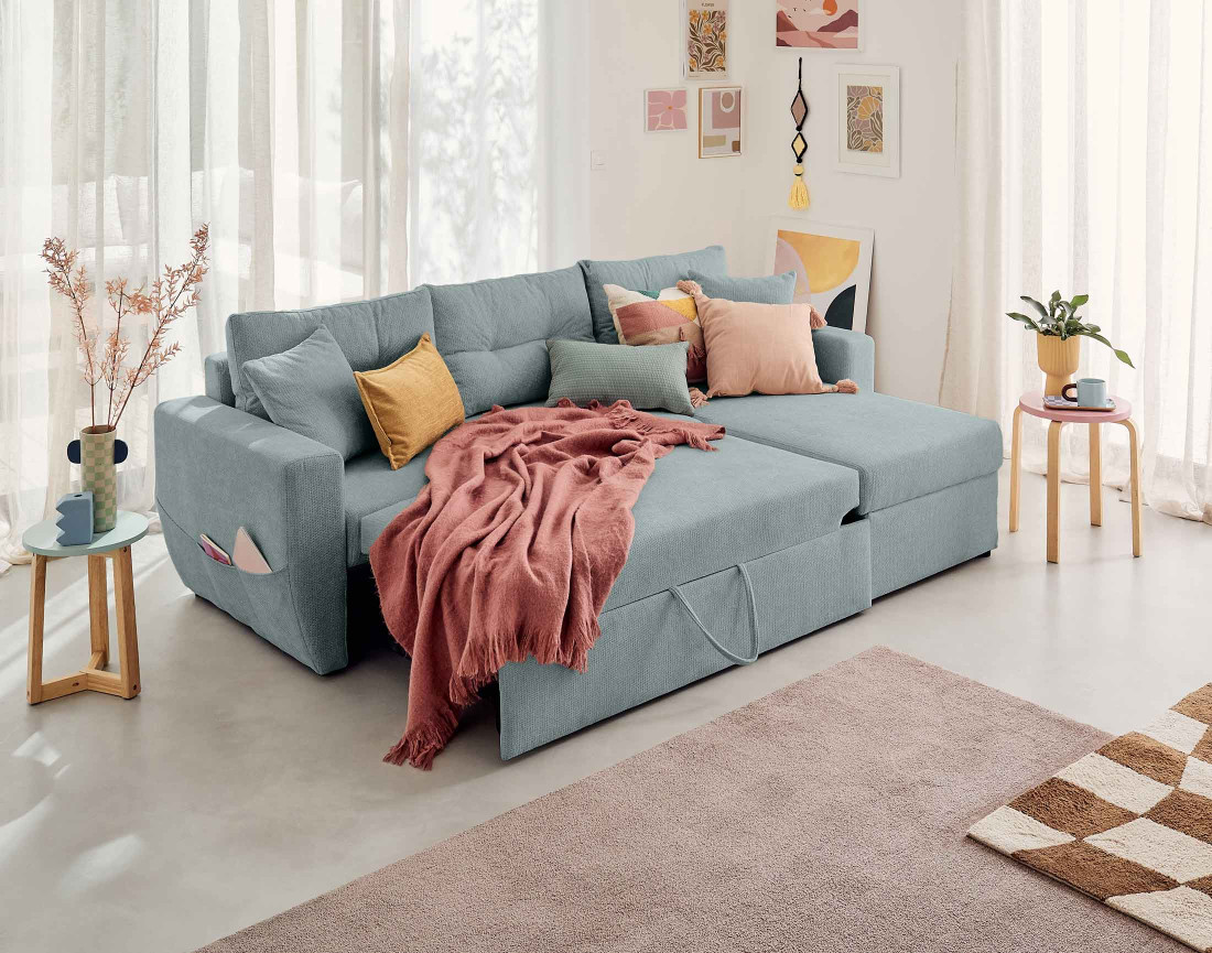 Canapé d'angle réversible 4 places convertible avec coffre en tissu texturé Astoria