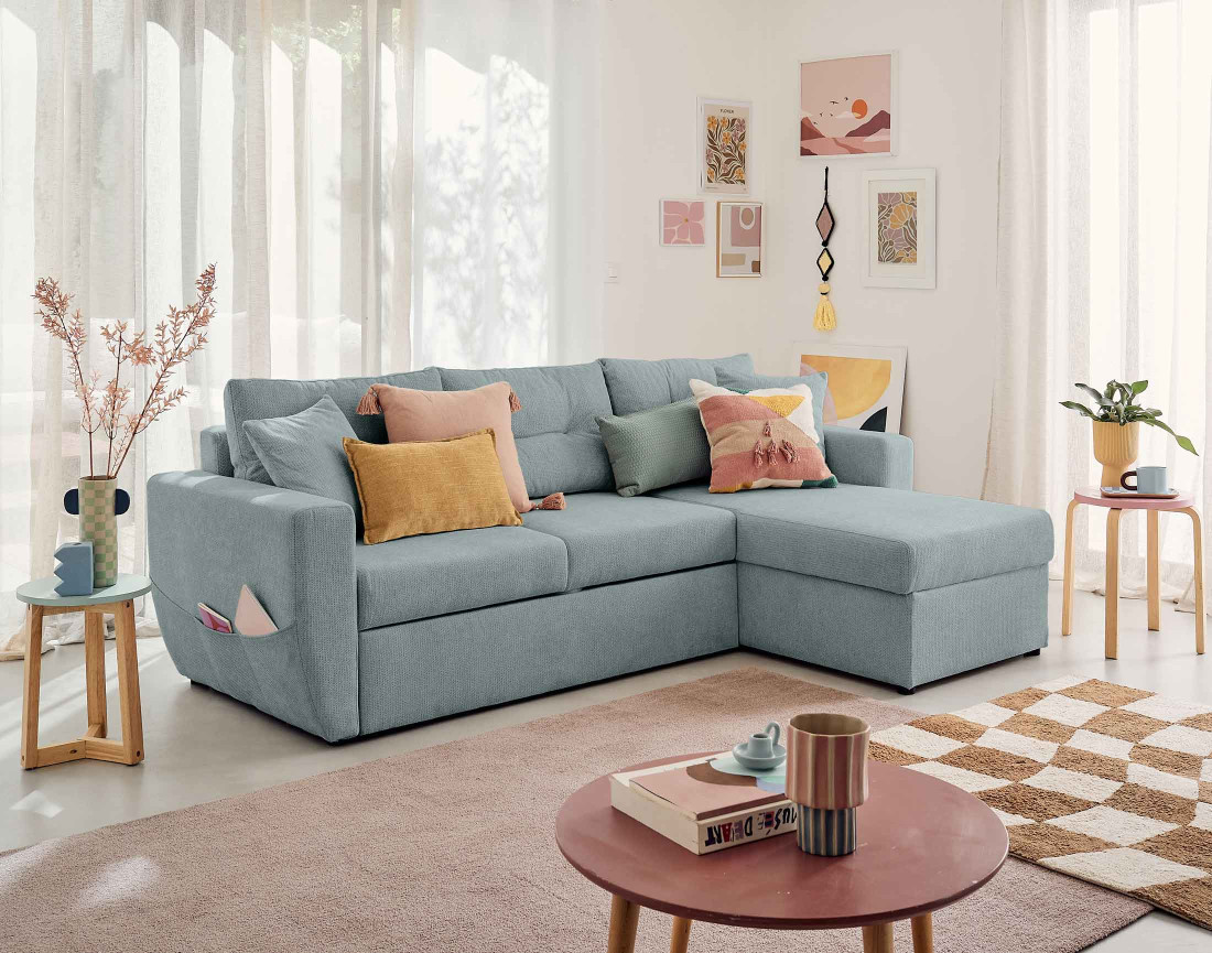 Canapé d'angle réversible 4 places convertible avec coffre en tissu texturé Astoria