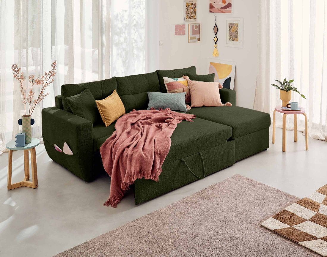 Canapé d'angle réversible 4 places convertible avec coffre en tissu texturé Astoria