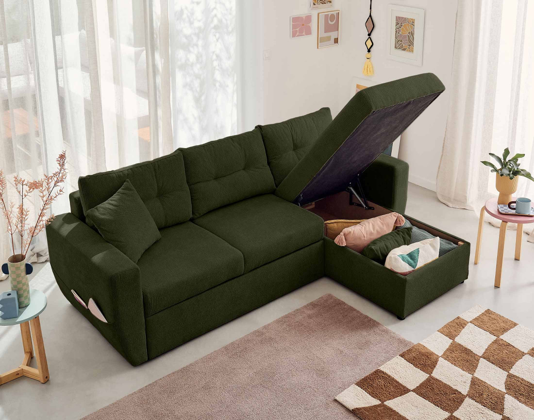 Canapé d'angle réversible 4 places convertible avec coffre en tissu texturé Astoria