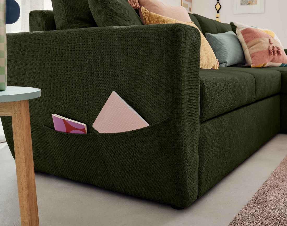 Canapé d'angle réversible 4 places convertible avec coffre en tissu texturé Astoria
