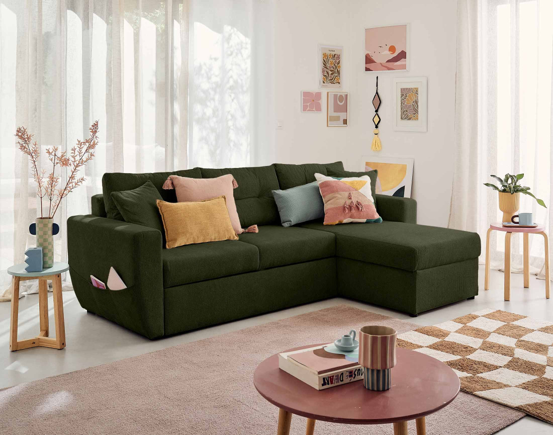 Canapé d'angle réversible 4 places convertible avec coffre en tissu texturé Astoria