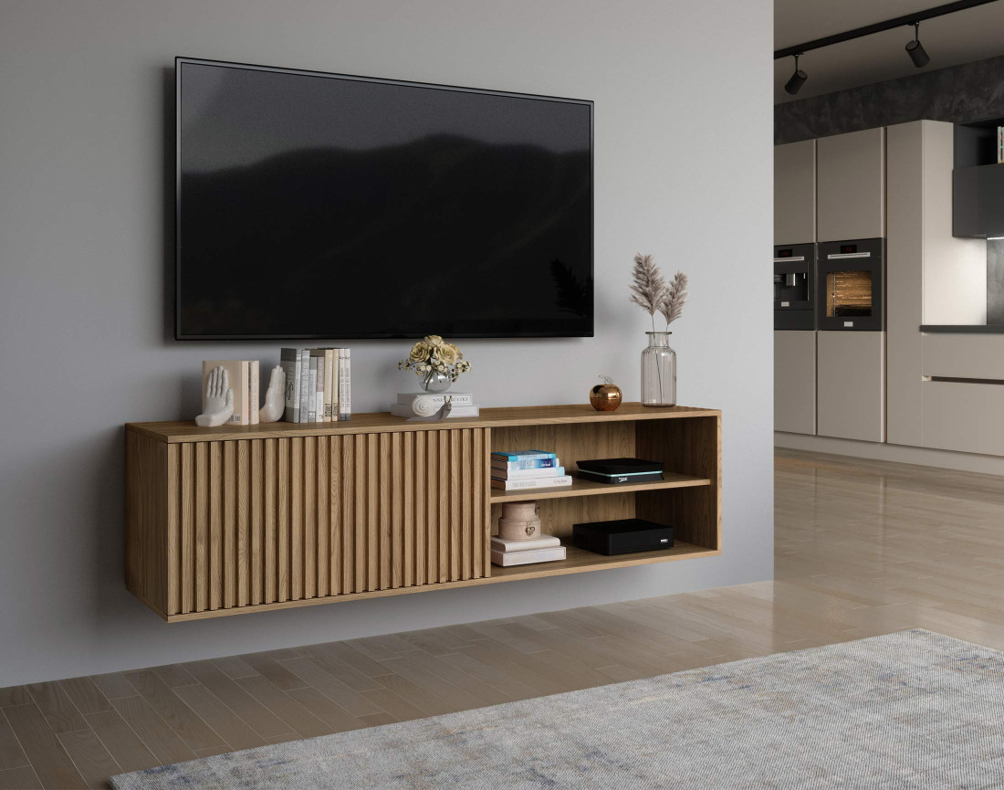Meuble TV suspendu en bois 2 niches et 1 porte 150 cm Portmore