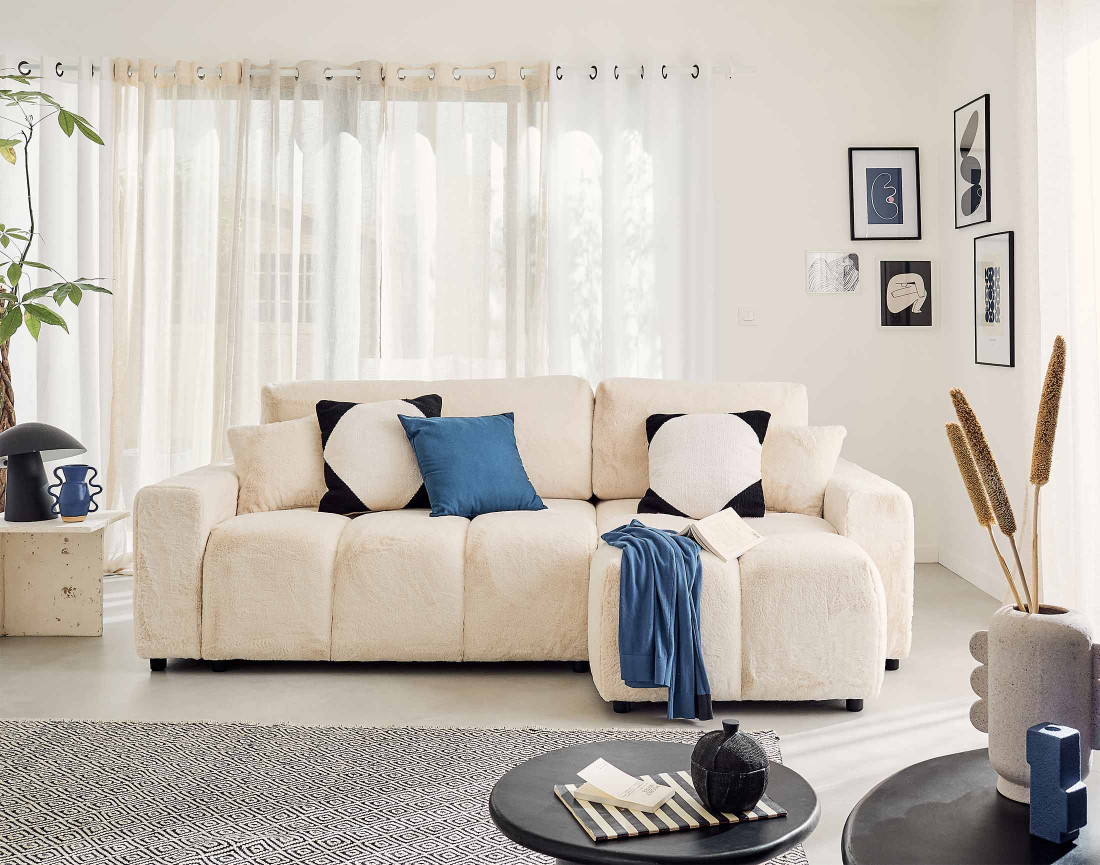 Canapé d'angle réversible convertible avec coffre 4 places en fausse fourrure Crocus