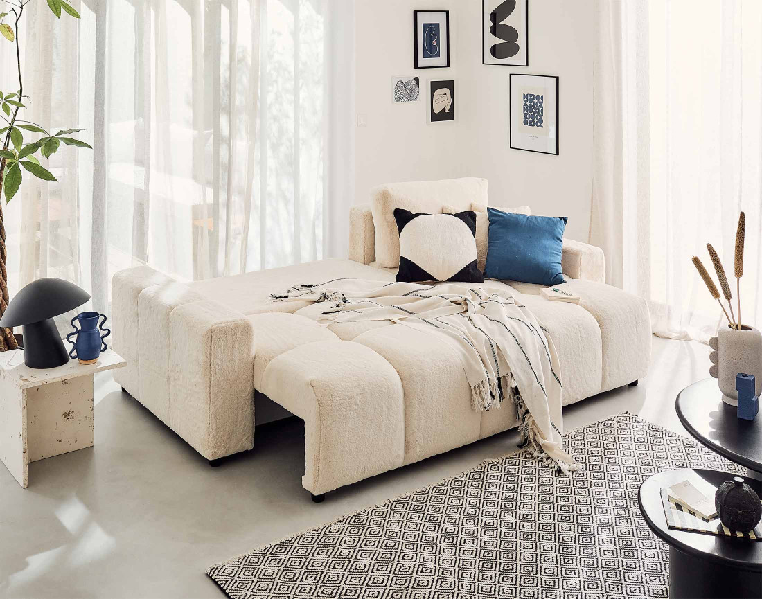 Canapé d'angle réversible convertible avec coffre 4 places en fausse fourrure Crocus