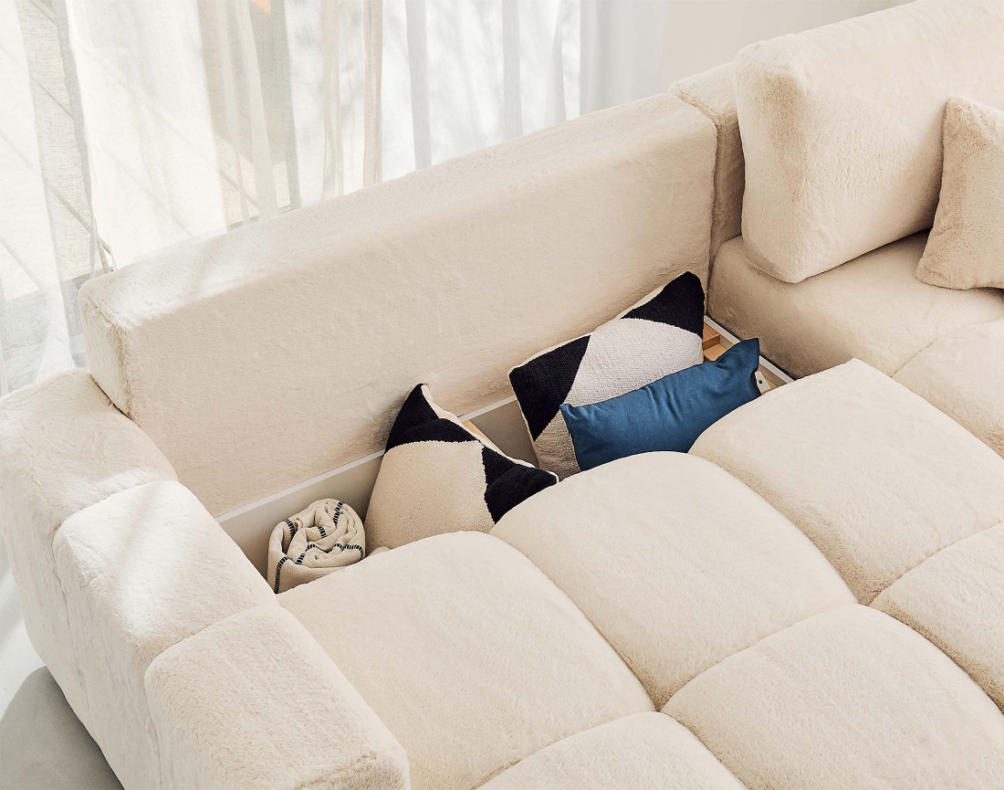 Canapé d'angle réversible convertible avec coffre 4 places en fausse fourrure Crocus