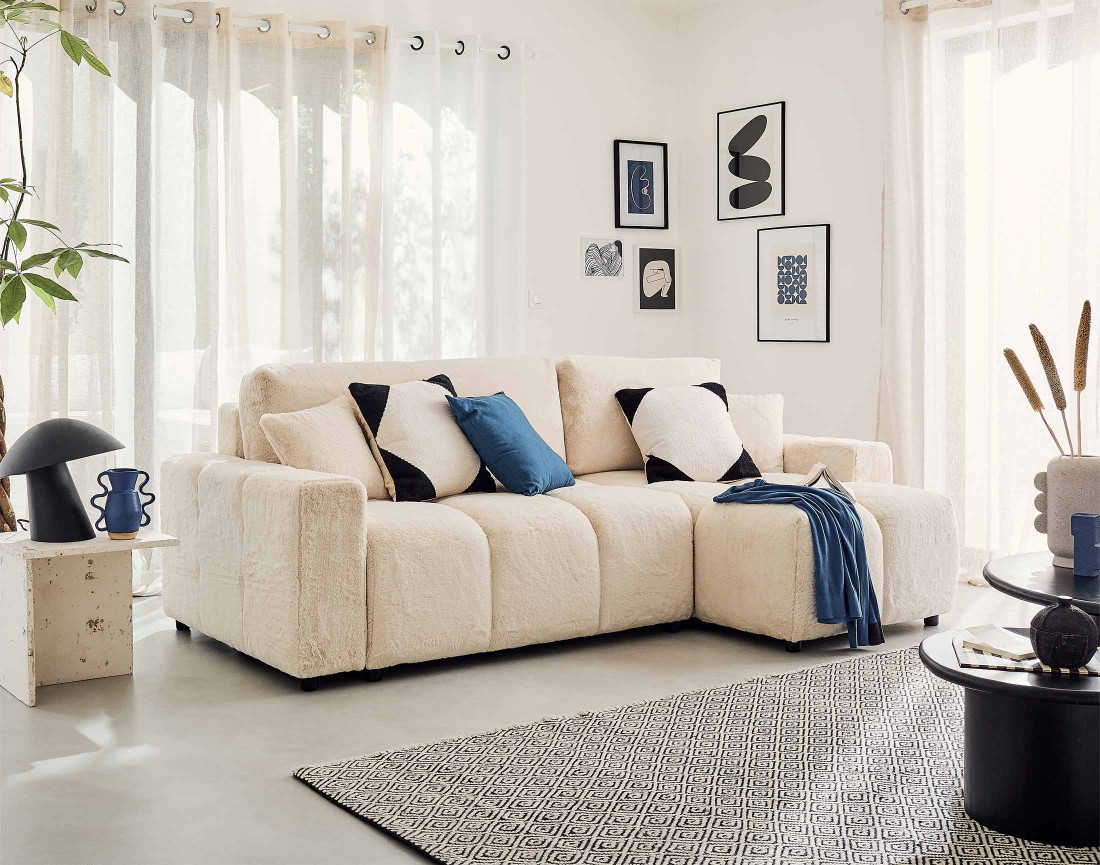 Canapé d'angle réversible convertible avec coffre 4 places en fausse fourrure Crocus