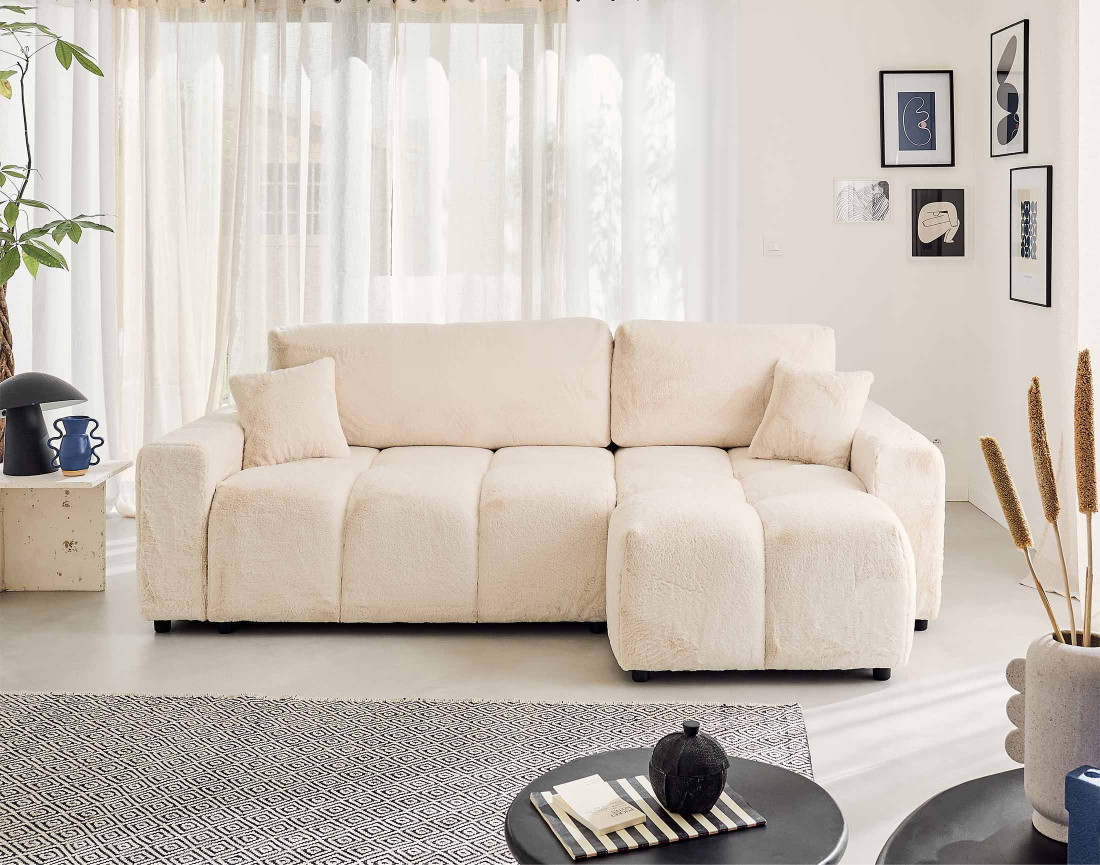 Canapé d'angle réversible convertible avec coffre 4 places en fausse fourrure Crocus