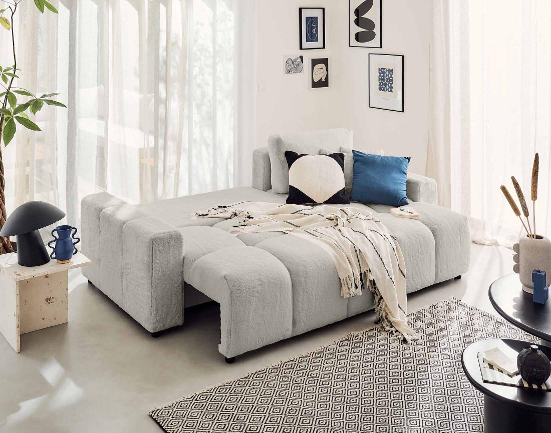 Canapé d'angle réversible convertible avec coffre 4 places en fausse fourrure Crocus