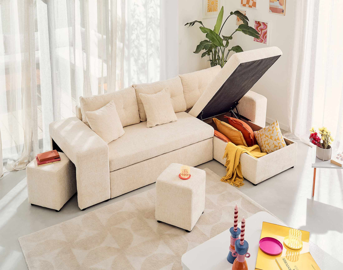 Canapé d'angle réversible 4 places convertible avec coffre, étagère et poufs en velours texturé California