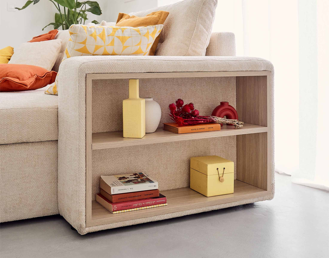 Canapé d'angle réversible 4 places convertible avec coffre, étagère et poufs en velours texturé California