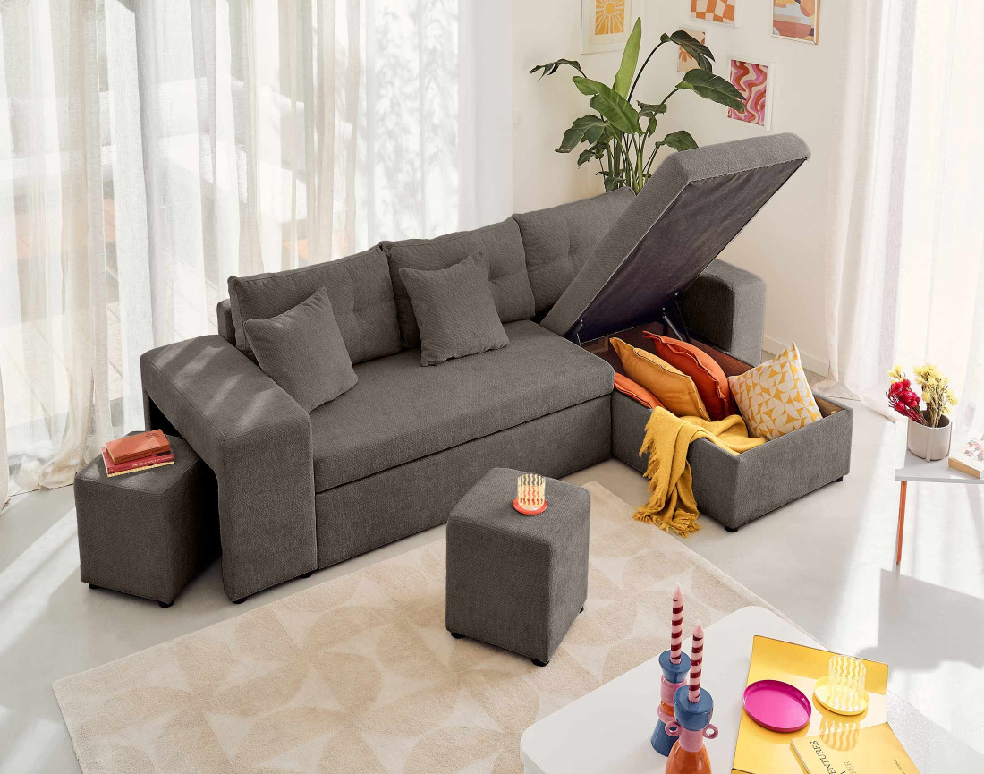 Canapé d'angle réversible 4 places convertible avec coffre, étagère et poufs en velours texturé California